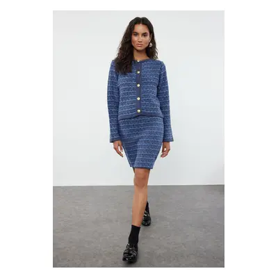 Trendyol Indigo Knit Detailed Soft Texture Cardigan-Skirt Knitwear Bottom-Top Set