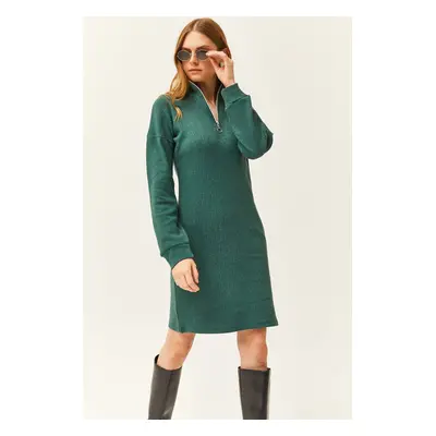 Olalook Women's Green High Collar Zippered Casual Dress