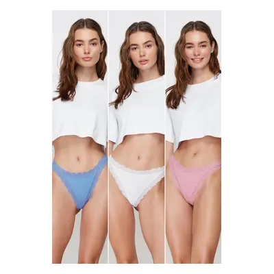 Trendyol White-Pink-Blue 3-Pack Cotton Ribbed Lace String Knitted Panties