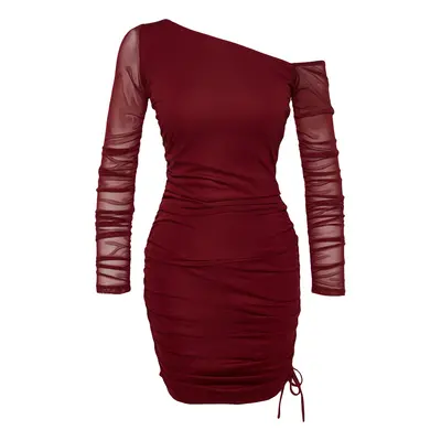 Trendyol Burgundy Fitted Lined Knitted Tulle Dress