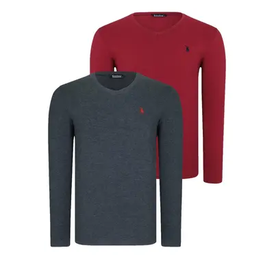 DOUBLE SET T8587 DEWBERRY V-NECK MEN'S SWEATSHIRT-BURGUNDY-ANTHRACITE