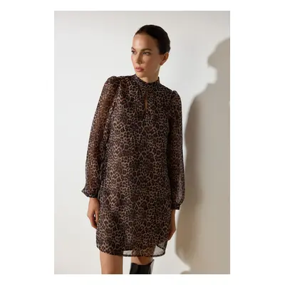 Trendyol Brown Animal Patterned Straight Cut Mini Lined Woven Winter Dress