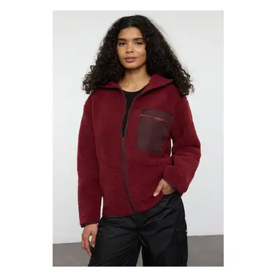 Trendyol Winter Essentials Burgundy Thick Fleece Zipper Stand Collar Pocket Knitted Sweatshirt