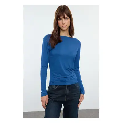 Trendyol Indigo Fitted Long Sleeve Bateau Neck Viscose Stretchy Knitted Blouse