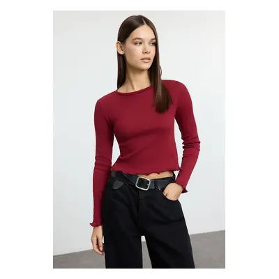 Trendyol Claret Red Fitted/Body-Sit Crop Ribbed Flexible Knit Blouse