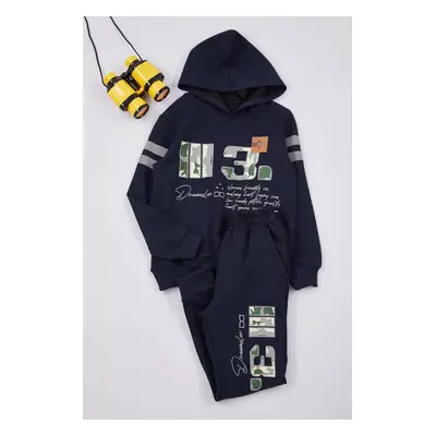 Trendyol Navy Blue Boy Seasonal-Thin Hooded Slogan Printed Knitted Bottom-Top Set