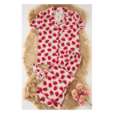 Trendyol Curve Pink Strawberry Patterned Piping Detailed Sleep Band Knitted Pajama Set