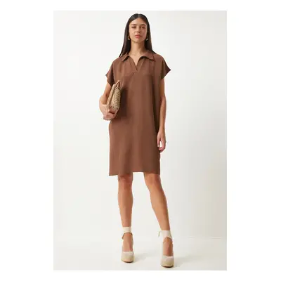 Happiness İstanbul Women's Brown Polo Neck Summer Loose Linen Ayrobin Dress