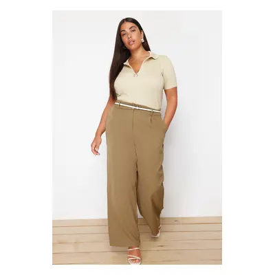 Trendyol Curve Light Khaki High Waist Wide Leg Wide Leg Pleated Woven Trousers