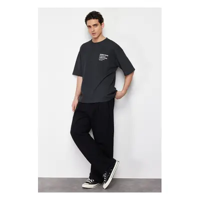 Trendyol Anthracite Oversize/Wide Cut Raised Text Printed Textured Waffle T-Shirt