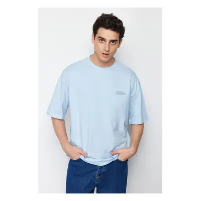 Trendyol Light Blue Oversize 100% Cotton Crew Neck Minimal Text Printed T-Shirt