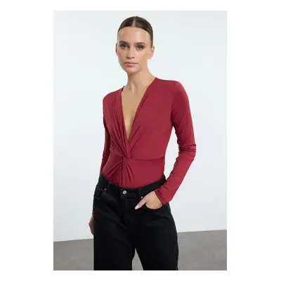 Trendyol Burgundy Twist Detailed Fitted Stretchy Knitted Bodysuit with Bottom Studs