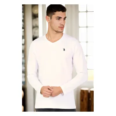 T8587 DEWBERRY V-NECK MEN'S LONG SLEEVE T-SHIRT-WHITE