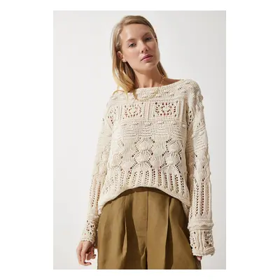 Happiness İstanbul Women's Cream Openwork Seasonal Knitwear Sweater