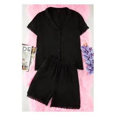 Trendyol Curve Black Lace Detailed Shirt Collar Viscose Woven Pajama Set