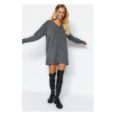 Trendyol Anthracite Mini Knitwear Wide Pattern Soft Texture Dress