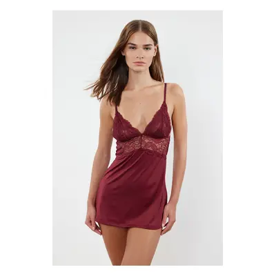 Trendyol Burgundy Lace and Slit Rope Strap Knitted Fantasy Nighty