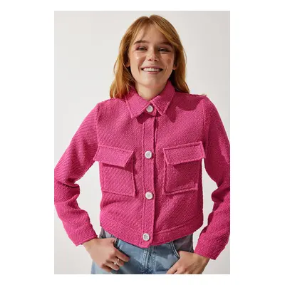 Happiness İstanbul Women's Pink Stylish Buttoned Woven Tweed Jacket