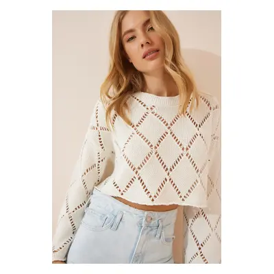 Happiness İstanbul Women's Cream Spanish Sleeve Openwork Crop Knitwear Sweater