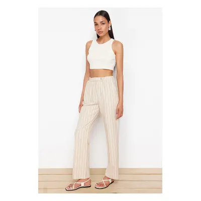 Trendyol Beige Striped Linen Blend Straight Cut Woven Trousers