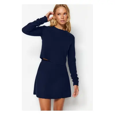 Trendyol Navy Blue Off-Shoulder Crew Neck Crop Thessaloniki/Knit Look Knitted Blouse