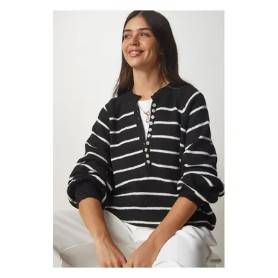 Happiness İstanbul Women's Black Buttoned Collar Striped Knitwear Sweater