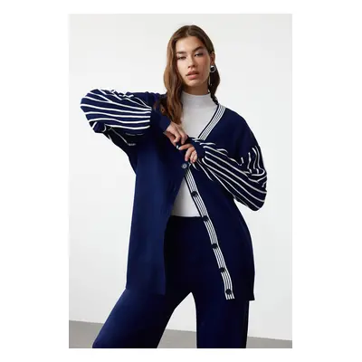 Trendyol Navy Blue Patterned Balloon Sleeve Knitwear Cardigan Trousers Top and Bottom Set