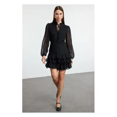 Trendyol Black Skirt Opening at Waist Stand Collar Chiffon Lined Woven Winter Dress