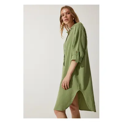 Happiness İstanbul Women's Almond Green Oversize Muslin Shirt Dress