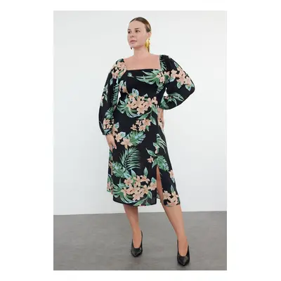 Trendyol Curve Black Floral Long Sleeve Woven Plus Size Midi Dress