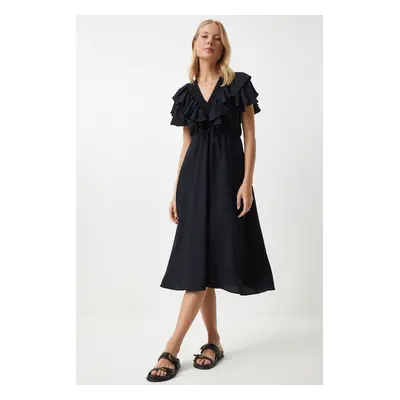 Happiness İstanbul Women's Black Flounce Summer Elastic Knitted Dress