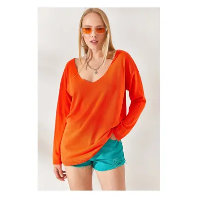 Olalook Orange V-Neck Casual Knitwear Blouse