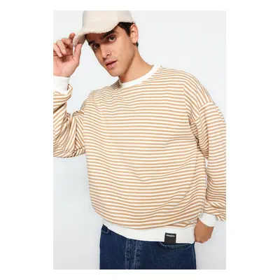 Trendyol Beige Oversize/Wide Cut Striped Fleece Inside/Warm Sweatshirt