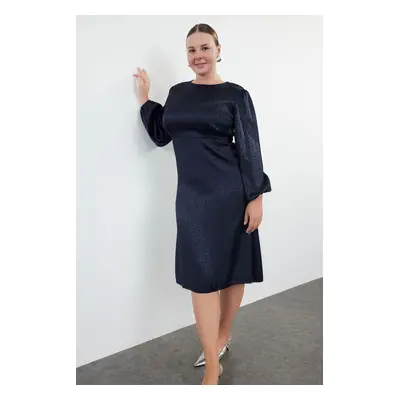 Trendyol Curve Navy Blue Balloon Sleeve Jacquard Spot Patterned Gipel A-Form Midi Dress