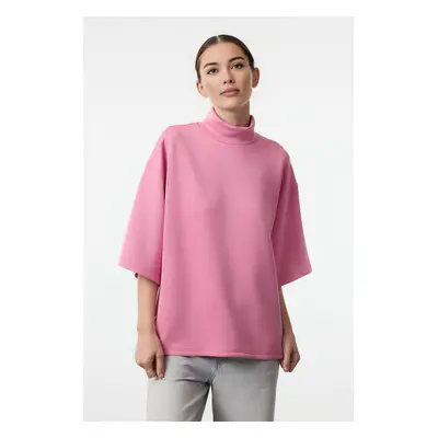 Trendyol Pink Oversize/Wide Pattern Stand Collar Three Quarter Sleeve Knitted Sweatshirt