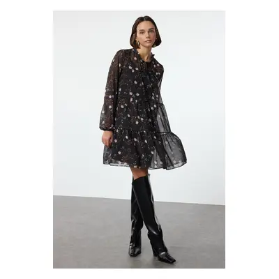 Trendyol Black Floral Patterned Loose Fit Mini Lined Chiffon Woven Winter Dress