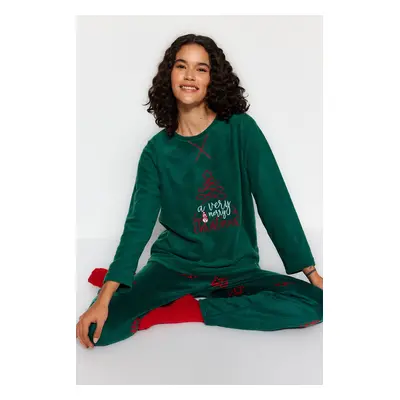 Trendyol Green Christmas Themed Fleece Winter Knitted Pajamas Set