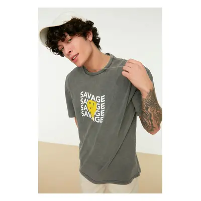 Trendyol Anthracite Oversize/Wide Cut Faded Effect Text Printed 100% Cotton T-Shirt