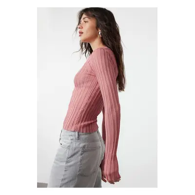 Trendyol Dusty Rose Transparent Look Crew Neck Knitwear Sweater