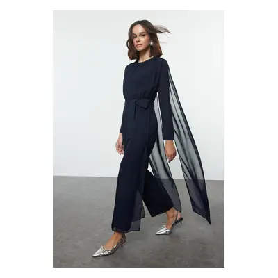 Trendyol Navy Blue Belted Chiffon Woven Jumpsuit