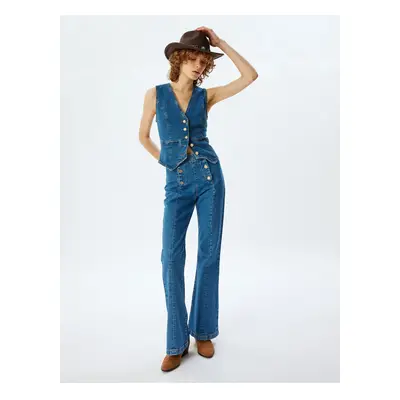 Koton High Waisted Flared Leg Button Detailed Slim Jeans