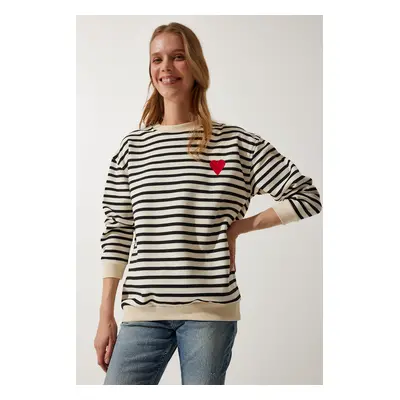 Happiness İstanbul Women's Cream Heart Detailed Striped Seasonal Sweatshirt