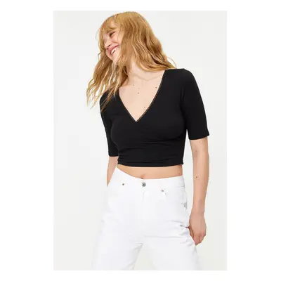 Trendyol Black Double Breasted Neck Crop Fitted Lace Detail Cotton Stretch Knitted Blouse