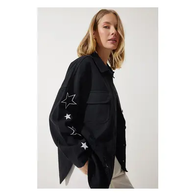 Happiness İstanbul Women's Black Star Embroidered Oversize Shirt Jacket