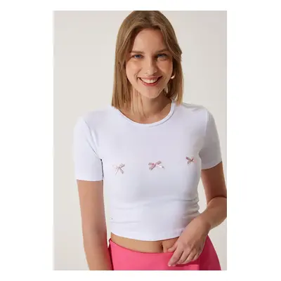 Happiness İstanbul Women's White Bow Detailed Crop T-Shirt