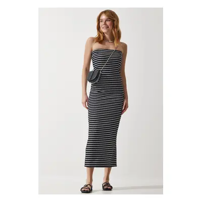 Happiness İstanbul Women's Black Striped Strapless Collar Ribbed Summer Knitted Dress