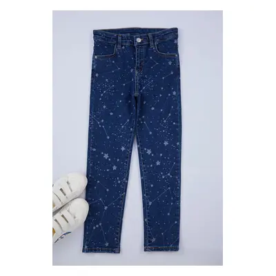 Trendyol Blue Printed Cotton Denim Trousers