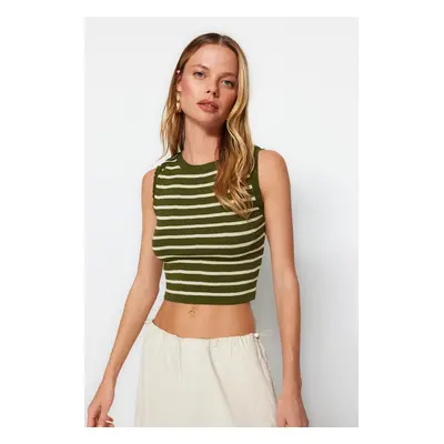 Trendyol Green Crop Striped Knitwear Slim Blouse