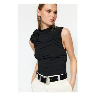 Trendyol Black Draped Rose Detailed Knitted Blouse