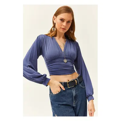 Olalook Women's Indigo Deep Decollete Banded Waist Crop Blouse